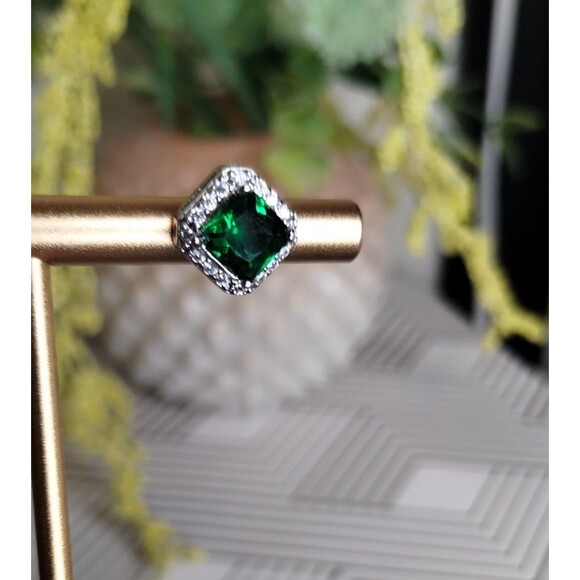 Faux Princess Cut Emerald & Diamond Stud Earrings - Picture 2 of 5